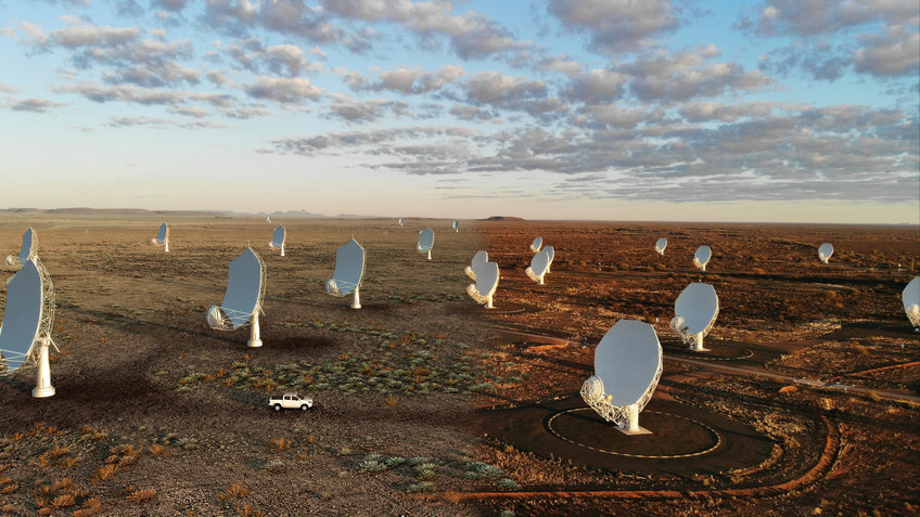 A composite image of the future SKA-Mid telescope, blending the existing precursor MeerKAT telescope dishes already on site with an artist's impression of the future SKA-Mid dishes.