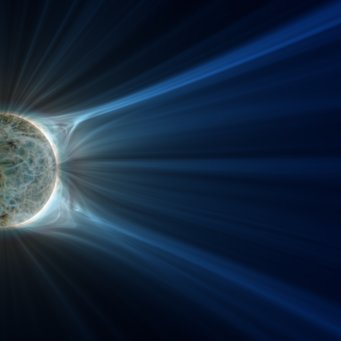 The Sun`s atmosphere: Computer simulation of the architecture of the magnetic field in the middle corona on August 17, 2018. The ray-like features in this snapshot are the underlying magnetic architecture of the observed coronal web. In the middle corona the predominantly closed magnetic field lines close to the Sun give way to the predominantly open field lines of the outer corona.