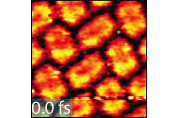 Fluctuating electrons: The film shows where the most energetic charge carriers of the organic dye PTCDA are located. The PTCDA molecules are bordered by areas of low electron density (black) at the beginning of the image. The brighter the colour, the higher the electron density: The electrons therefore move back and forth between the centre of the molecules and their edges.