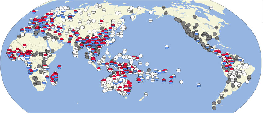 Many languages in the world use words like "mama" or "papa" for "mother" and "father". Languages with "mama" are colored in red, and languages with "papa" are colored in blue.